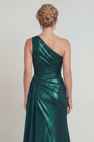 Load image into Gallery viewer, Dark Green One Shoulder Metallic Sheath Long Evening Dress with Slit