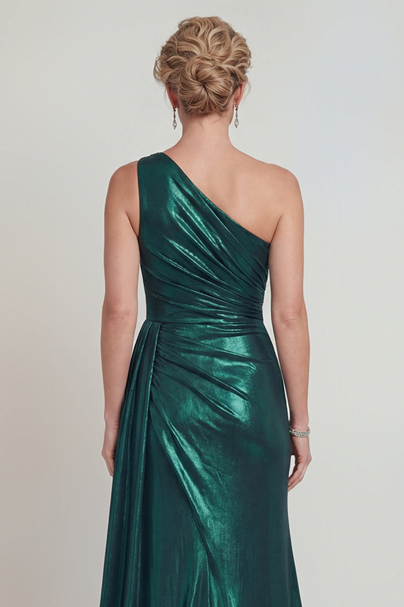 Load image into Gallery viewer, Dark Green One Shoulder Metallic Sheath Long Evening Dress with Slit