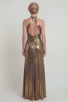 Load image into Gallery viewer, Golden Metallic Halter Mermaid Long Evening Dress