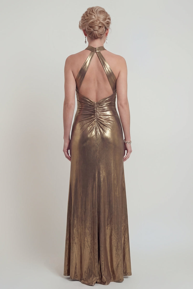 Load image into Gallery viewer, Golden Metallic Halter Mermaid Long Evening Dress