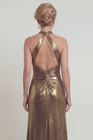 Load image into Gallery viewer, Golden Metallic Halter Mermaid Long Evening Dress