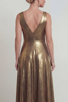 Load image into Gallery viewer, Golden V Neck A Line Long Evening Dress