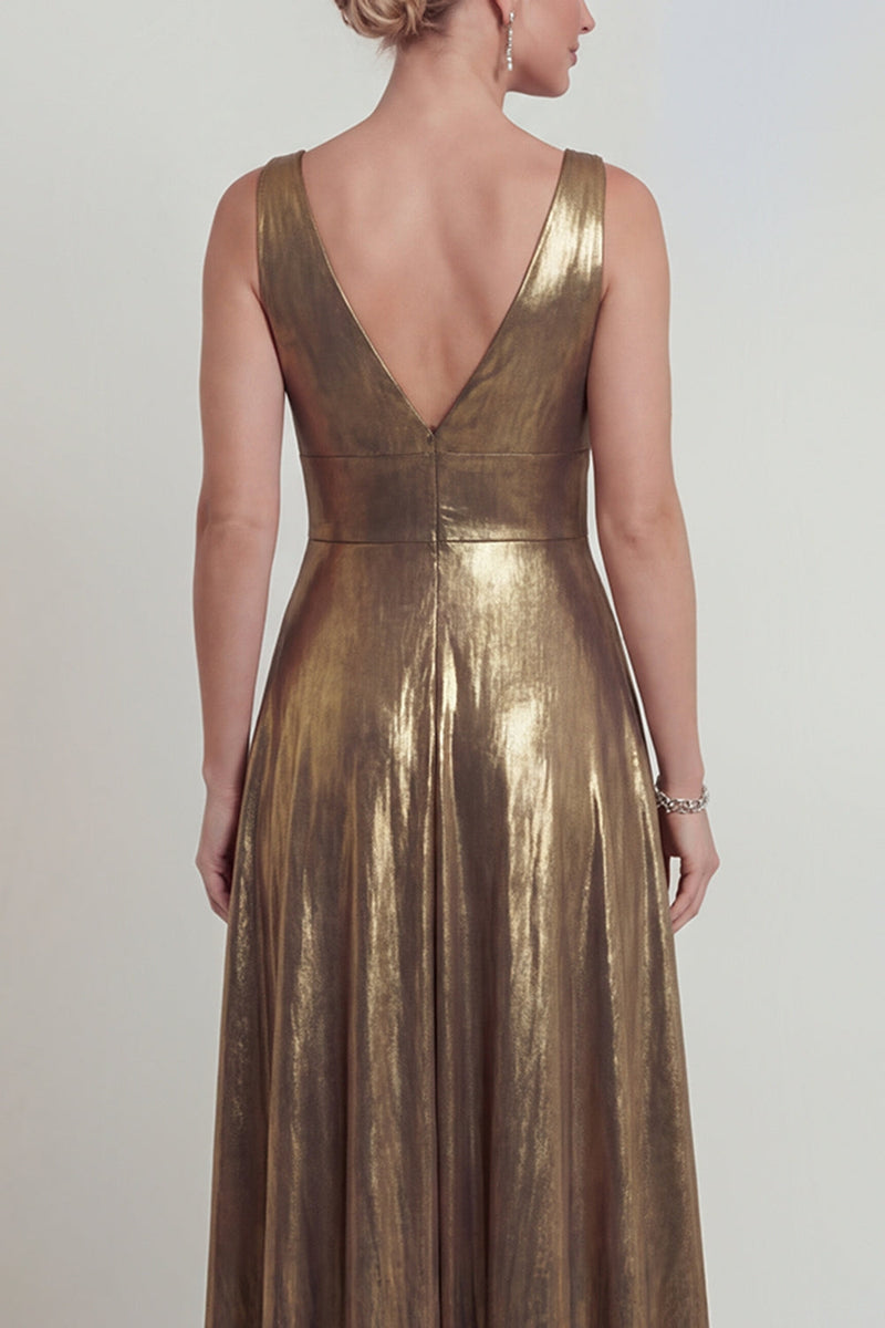 Load image into Gallery viewer, Golden V Neck A Line Long Evening Dress