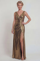 Load image into Gallery viewer, Golden Metallic V Neck Mermaid Long Formal Dress