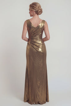 Golden Metallic V Neck Mermaid Long Formal Dress