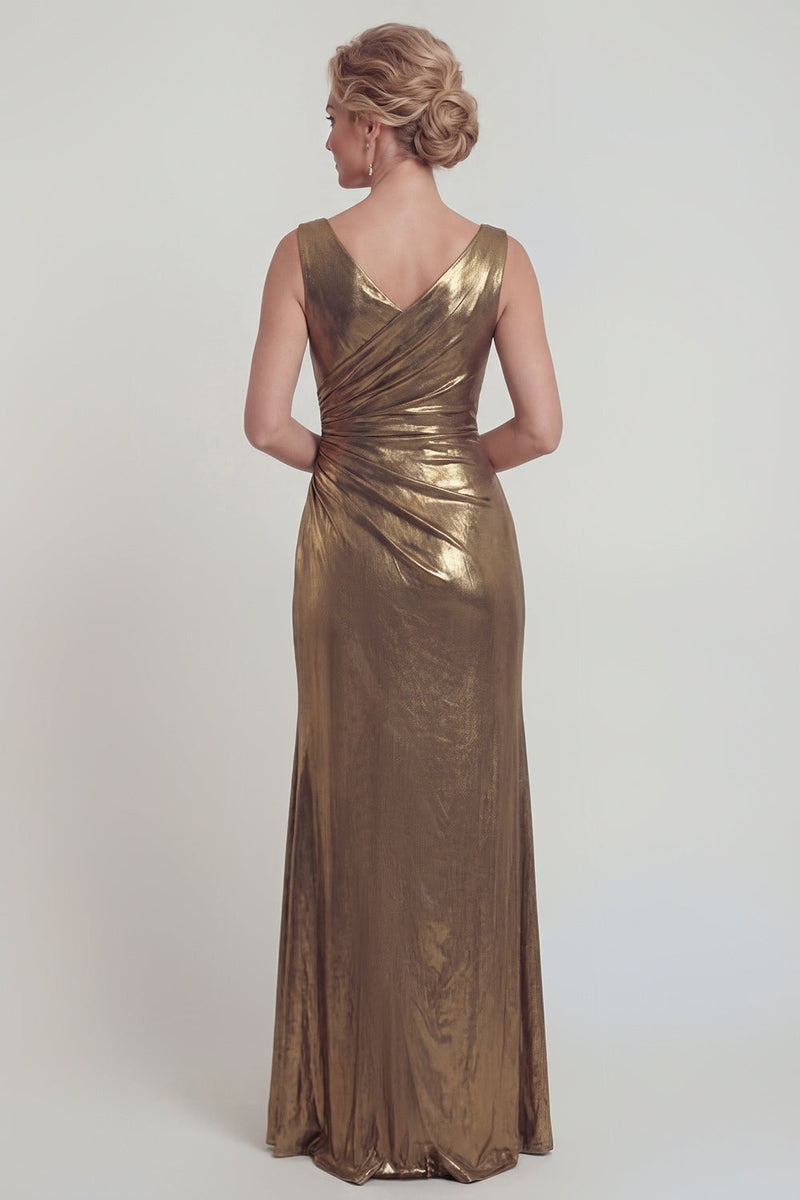 Load image into Gallery viewer, Golden Metallic V Neck Mermaid Long Formal Dress