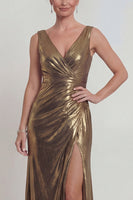 Load image into Gallery viewer, Golden Metallic V Neck Mermaid Long Formal Dress