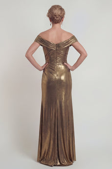 Golden Metallic Off the Shoulder Mermaid Long Evening Dress