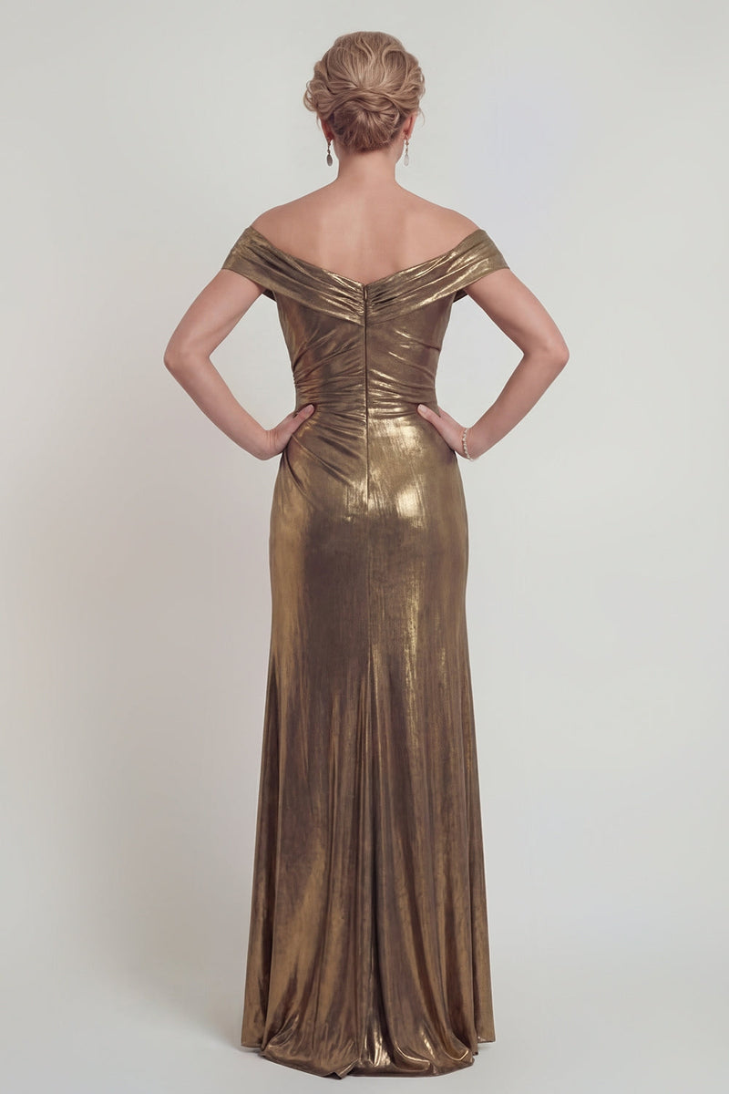 Load image into Gallery viewer, Golden Metallic Off the Shoulder Mermaid Long Evening Dress