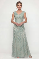 Load image into Gallery viewer, Sparkly Green Beaded V Neck Long Evening Dress