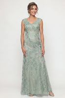 Load image into Gallery viewer, Sparkly Green Beaded V Neck Long Evening Dress