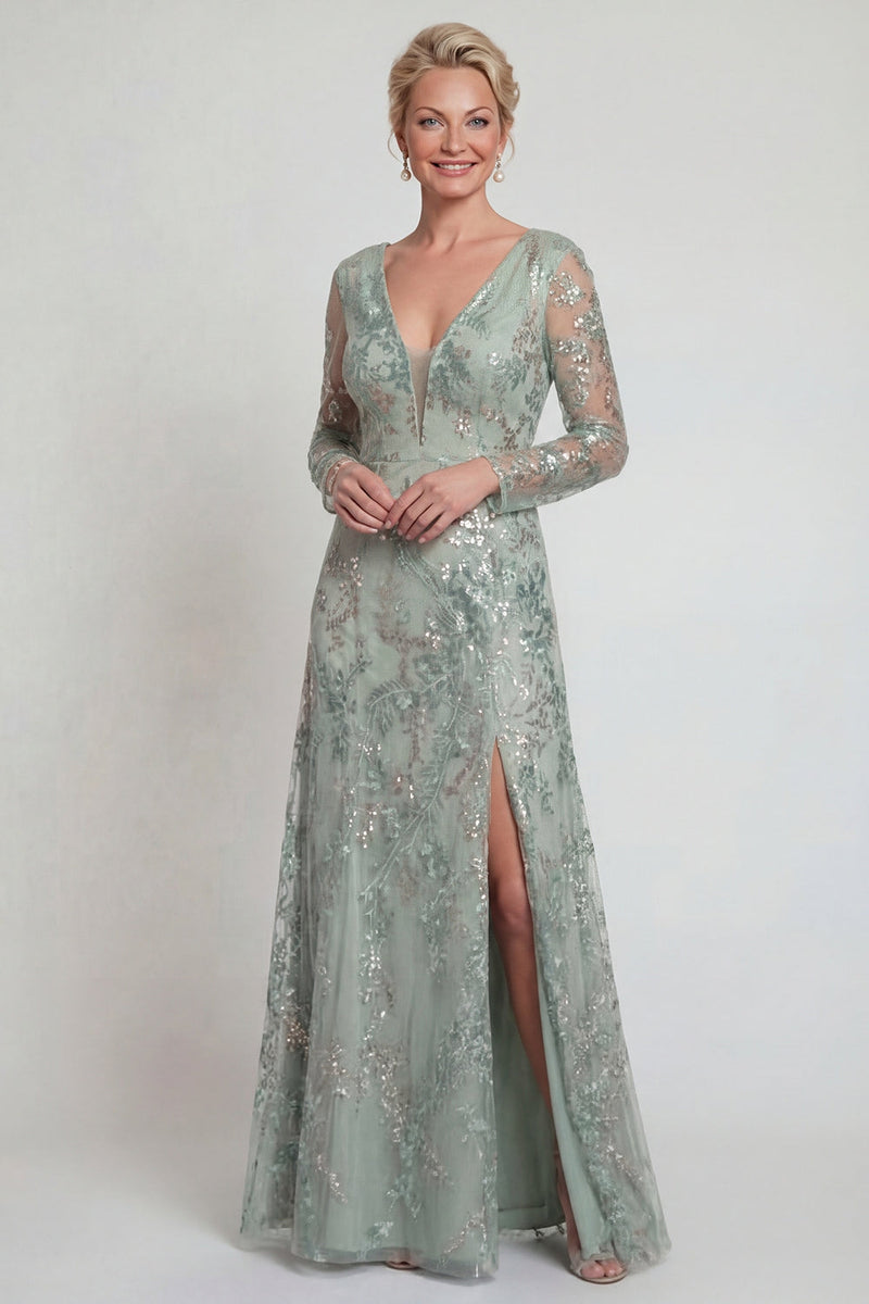 Load image into Gallery viewer, Sparkly Green Sequin A Line Floral Long Evening Dress with Slit