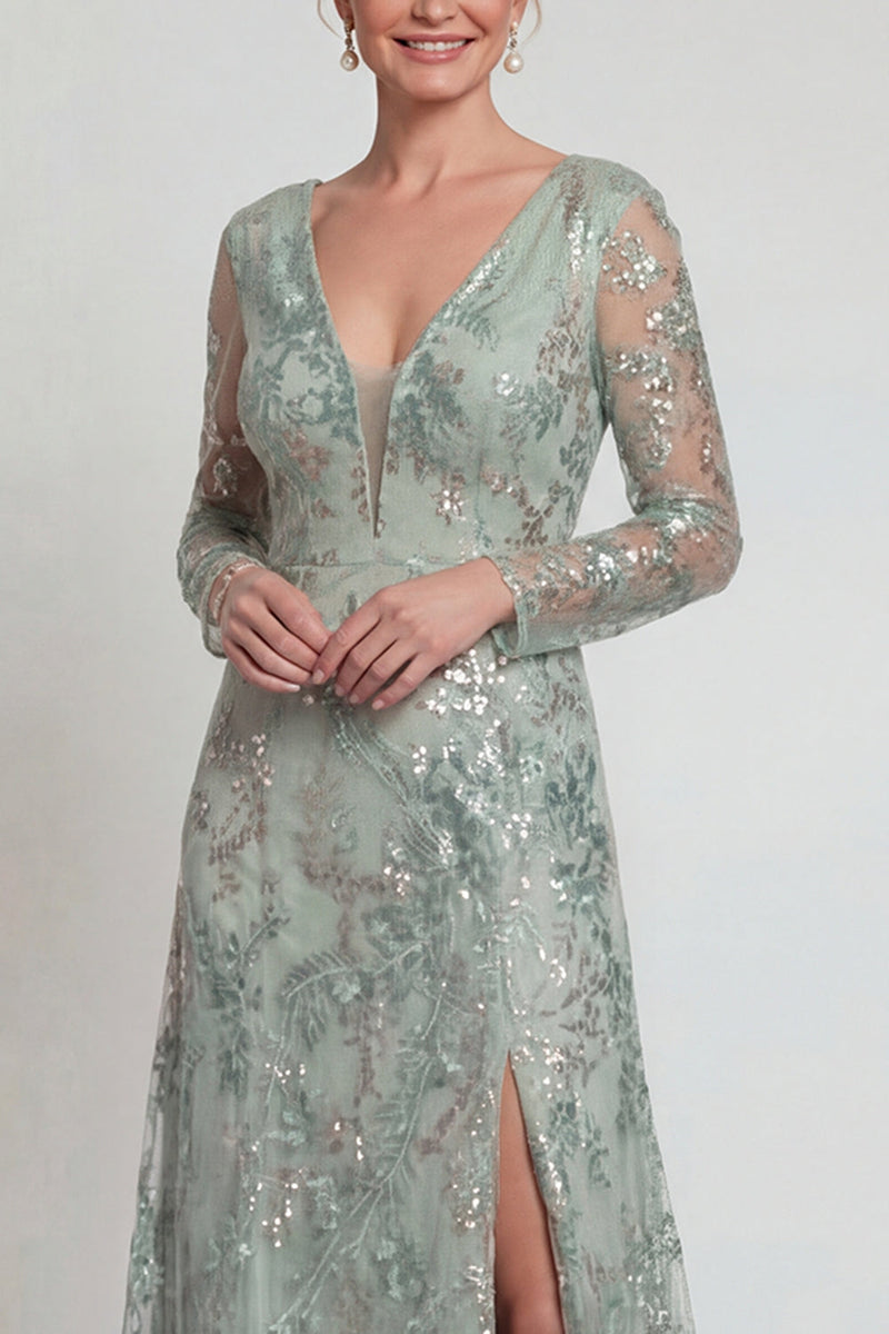 Load image into Gallery viewer, Sparkly Green Sequin A Line Floral Long Evening Dress with Slit