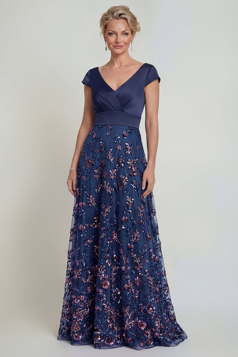 Load image into Gallery viewer, Sparkly Navy Beaded Floral A Line Long Evening Dress