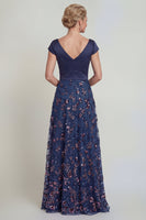 Load image into Gallery viewer, Sparkly Navy Beaded Floral A Line Long Evening Dress