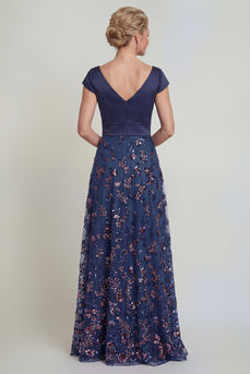 Sparkly Navy Beaded Floral A Line Long Evening Dress