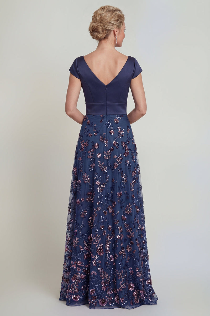 Load image into Gallery viewer, Sparkly Navy Beaded Floral A Line Long Evening Dress