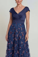 Load image into Gallery viewer, Sparkly Navy Beaded Floral A Line Long Evening Dress