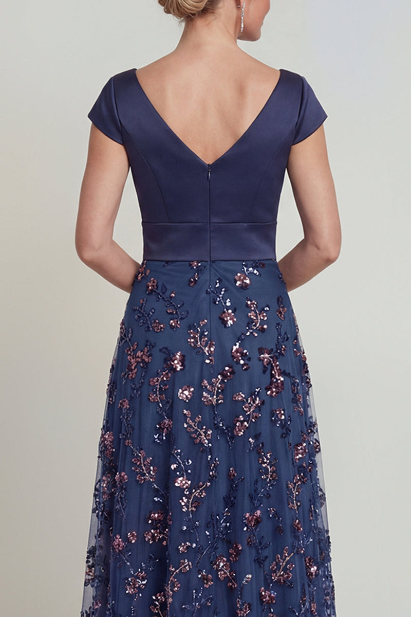 Load image into Gallery viewer, Sparkly Navy Beaded Floral A Line Long Evening Dress