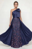 Load image into Gallery viewer, Sparkly Floral Navy Mermaid Long Evening Dress with Bow