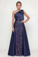 Load image into Gallery viewer, Sparkly Floral Navy Mermaid Long Evening Dress with Bow