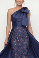 Load image into Gallery viewer, Sparkly Floral Navy Mermaid Long Evening Dress with Bow