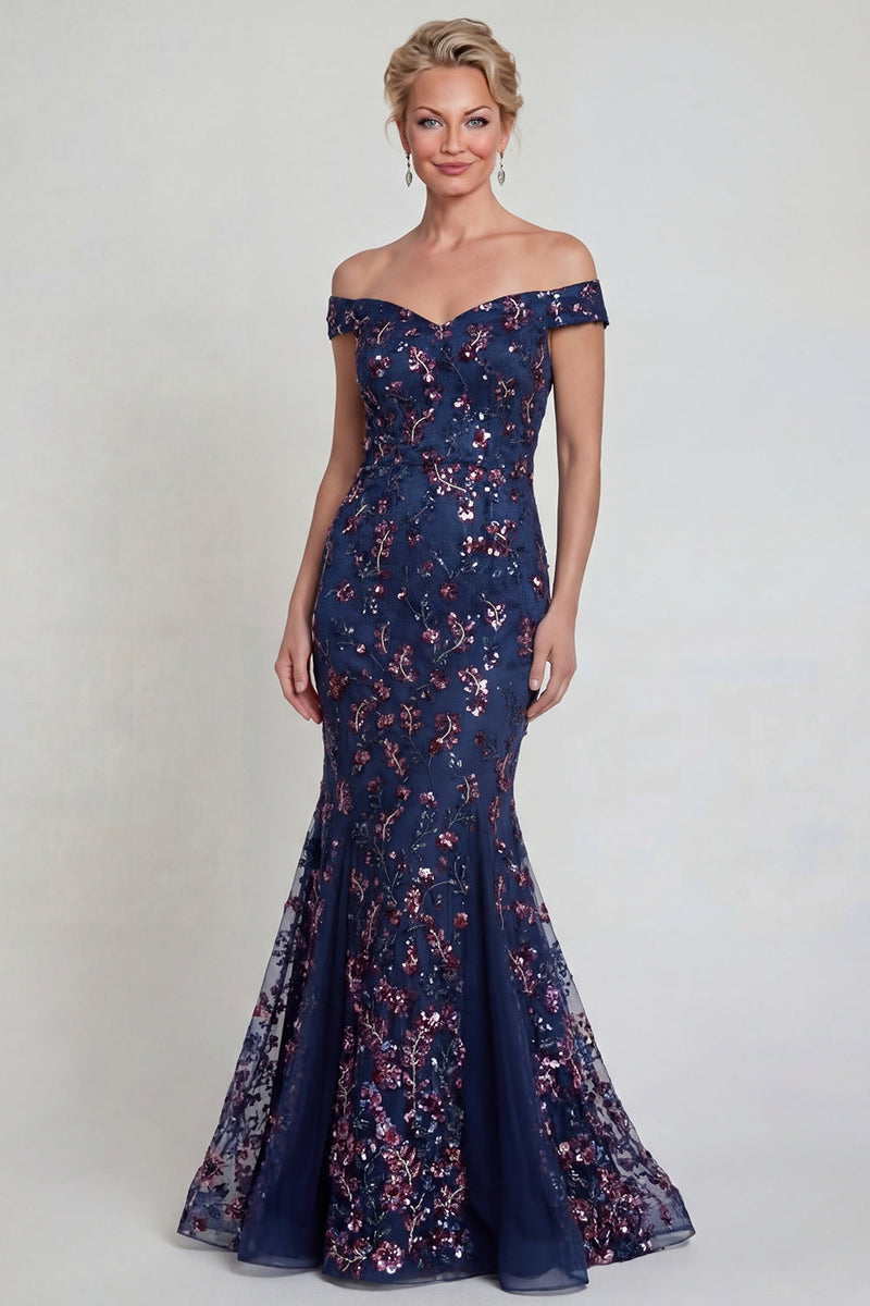 Load image into Gallery viewer, Sparkly Navy Floral Lace Mermaid Long Evening Dress