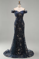 Load image into Gallery viewer, Sparkly Navy Floral Lace Mermaid Long Evening Dress