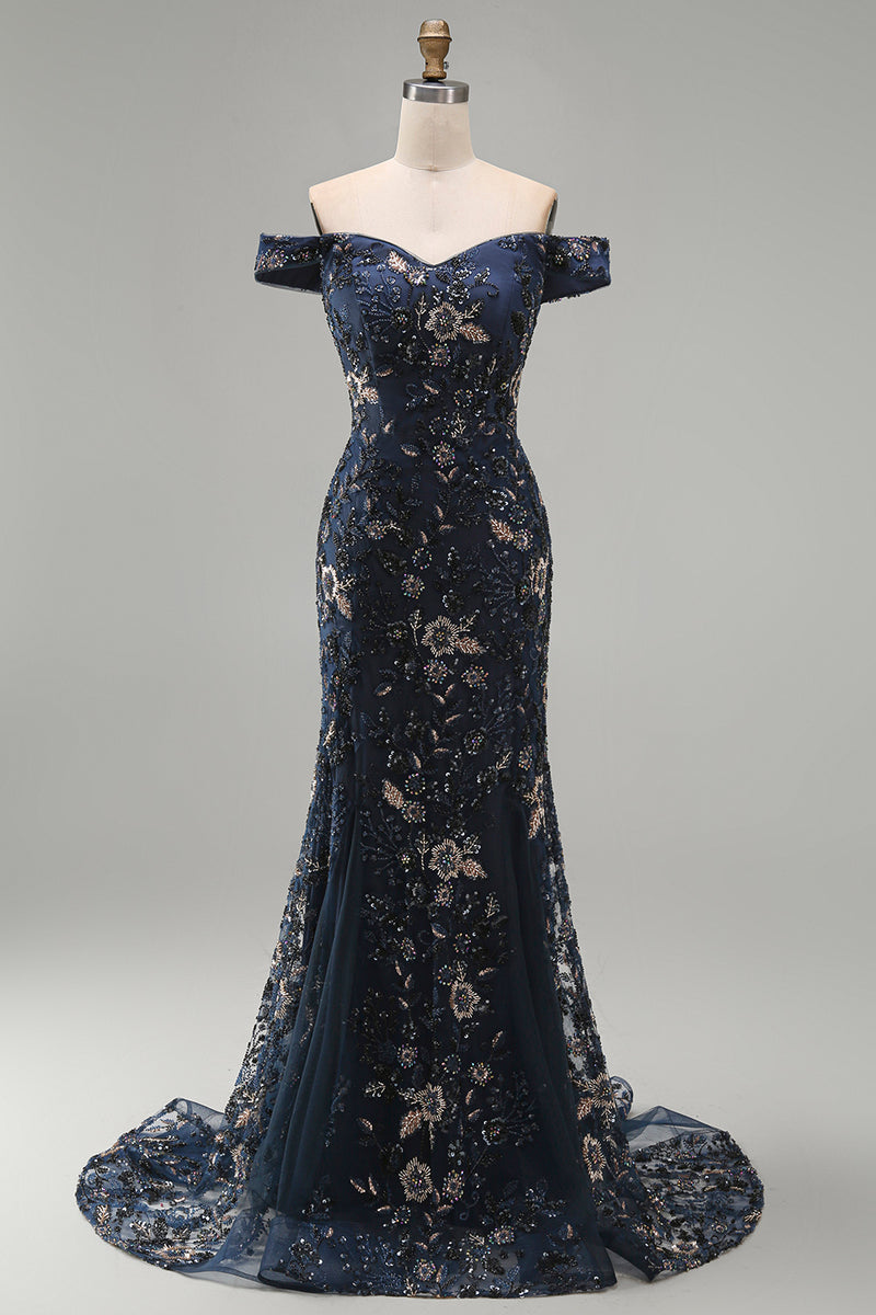 Load image into Gallery viewer, Sparkly Navy Floral Lace Mermaid Long Evening Dress
