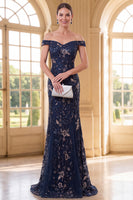 Load image into Gallery viewer, Sparkly Navy Floral Lace Mermaid Long Evening Dress