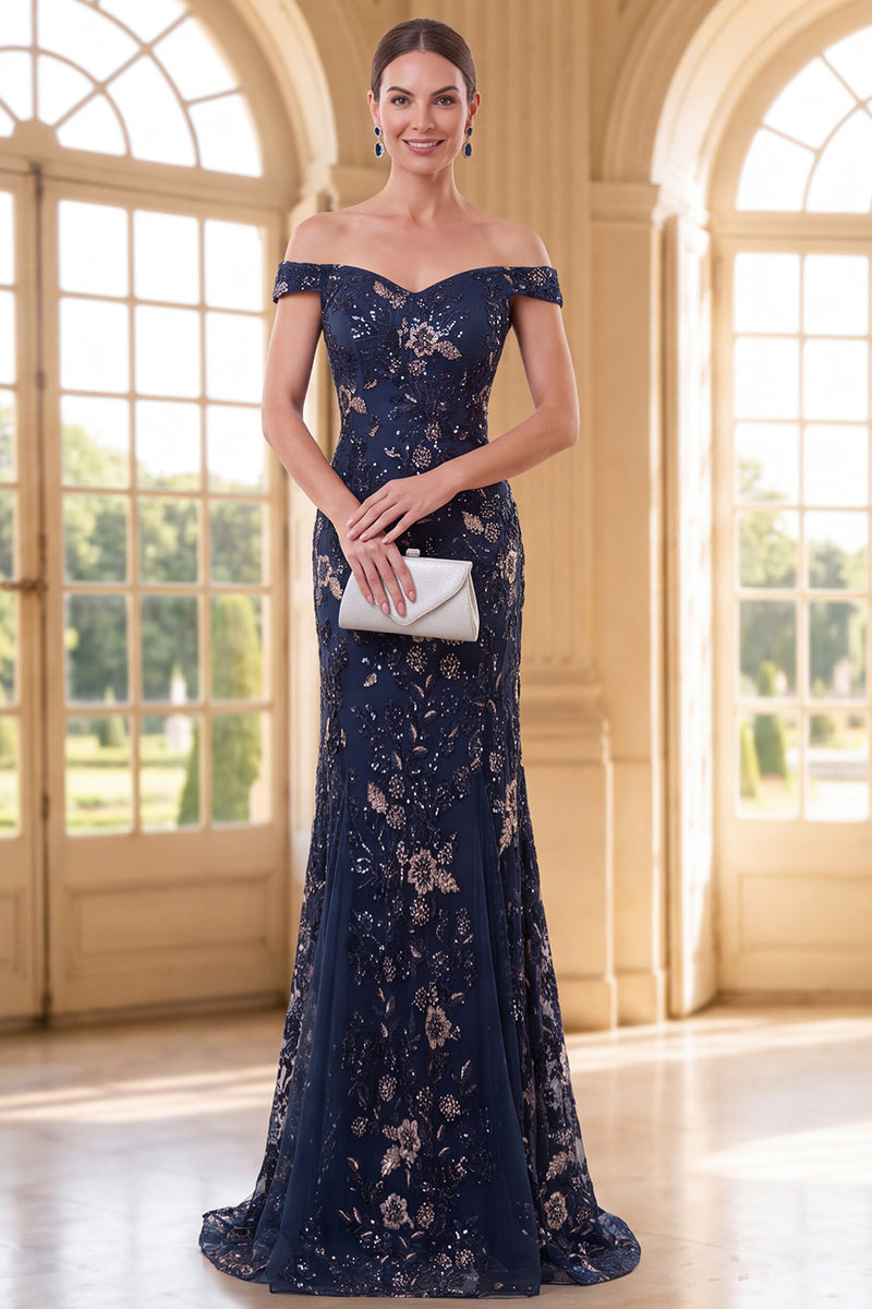 Load image into Gallery viewer, Sparkly Navy Floral Lace Mermaid Long Evening Dress