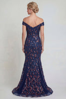 Load image into Gallery viewer, Sparkly Navy Floral Lace Mermaid Long Evening Dress
