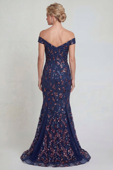 Sparkly Navy Floral Lace Mermaid Long Evening Dress