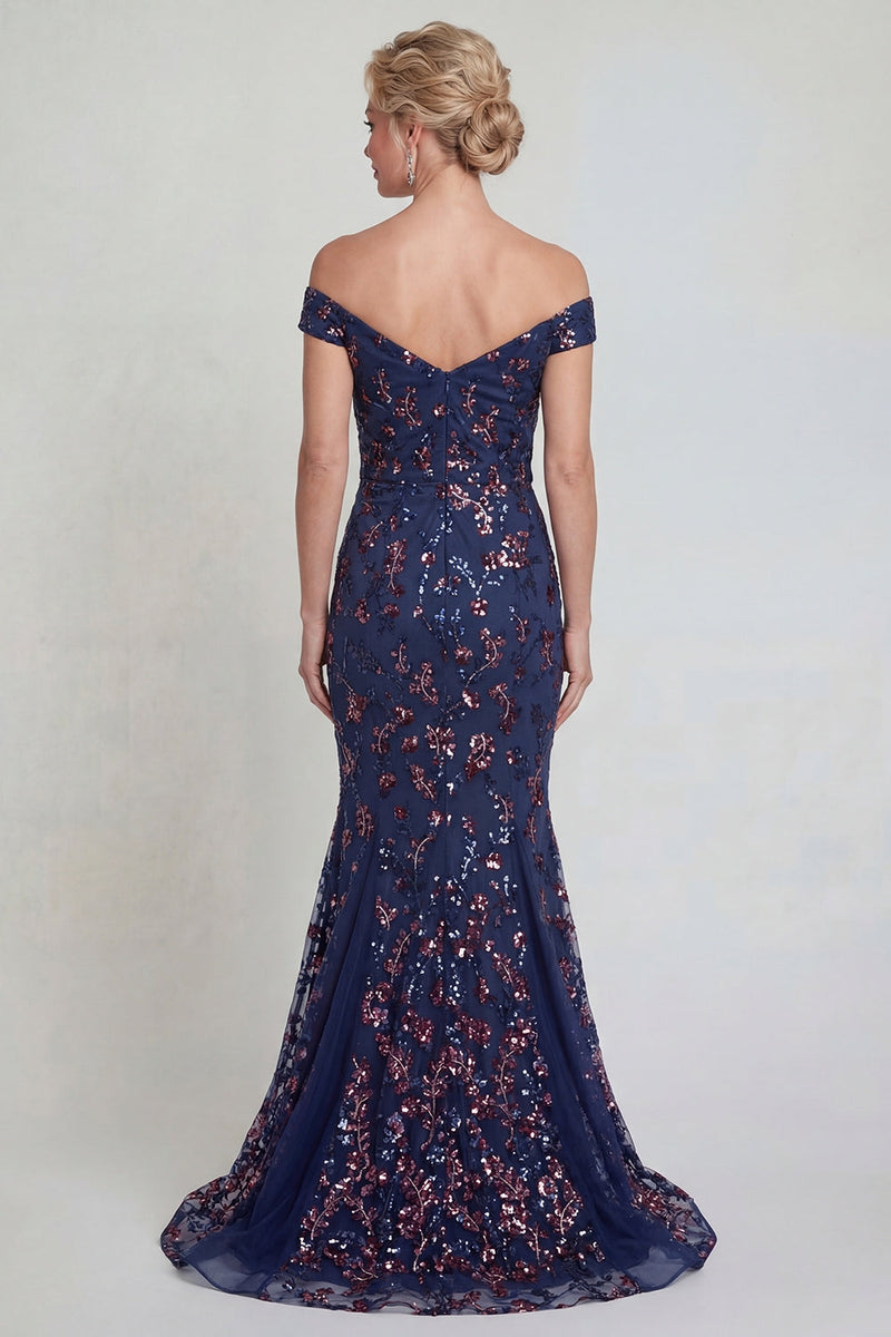 Load image into Gallery viewer, Sparkly Navy Floral Lace Mermaid Long Evening Dress