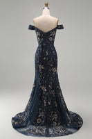 Load image into Gallery viewer, Sparkly Navy Floral Lace Mermaid Long Evening Dress