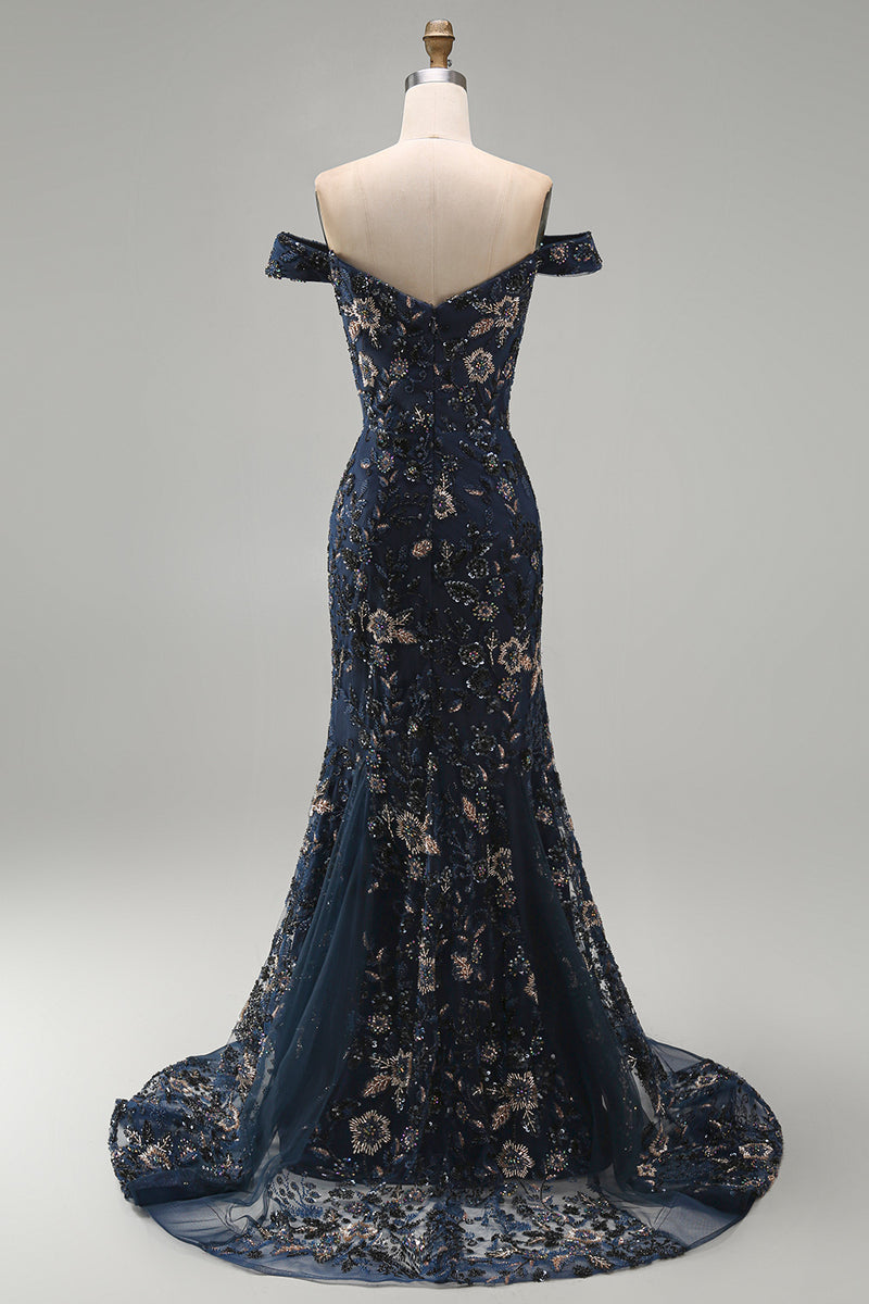 Load image into Gallery viewer, Sparkly Navy Floral Lace Mermaid Long Evening Dress