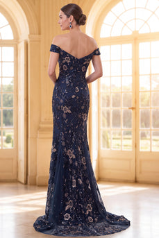 Sparkly Navy Floral Lace Mermaid Long Evening Dress