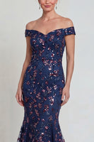 Load image into Gallery viewer, Sparkly Navy Floral Lace Mermaid Long Evening Dress