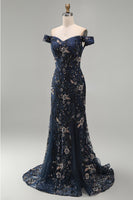 Load image into Gallery viewer, Sparkly Navy Floral Lace Mermaid Long Evening Dress