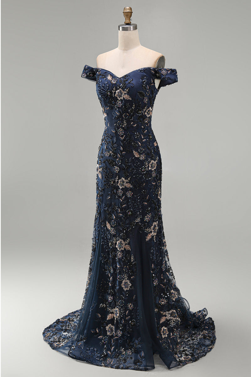 Load image into Gallery viewer, Sparkly Navy Floral Lace Mermaid Long Evening Dress