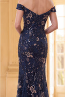 Load image into Gallery viewer, Sparkly Navy Floral Lace Mermaid Long Evening Dress