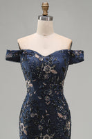 Load image into Gallery viewer, Sparkly Navy Floral Lace Mermaid Long Evening Dress