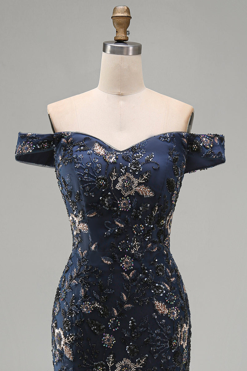 Load image into Gallery viewer, Sparkly Navy Floral Lace Mermaid Long Evening Dress