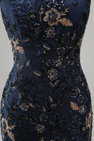 Load image into Gallery viewer, Sparkly Navy Floral Lace Mermaid Long Evening Dress