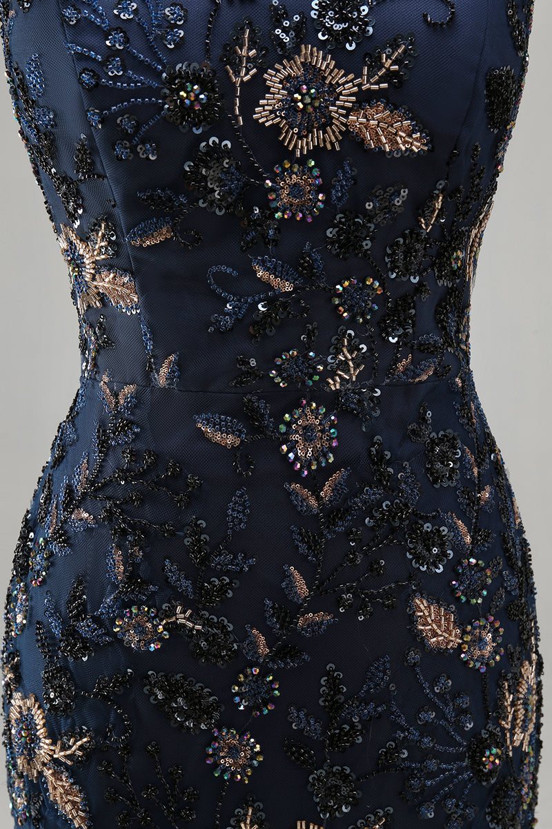 Load image into Gallery viewer, Sparkly Navy Floral Lace Mermaid Long Evening Dress