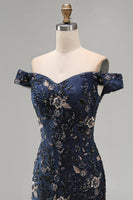 Load image into Gallery viewer, Sparkly Navy Floral Lace Mermaid Long Evening Dress