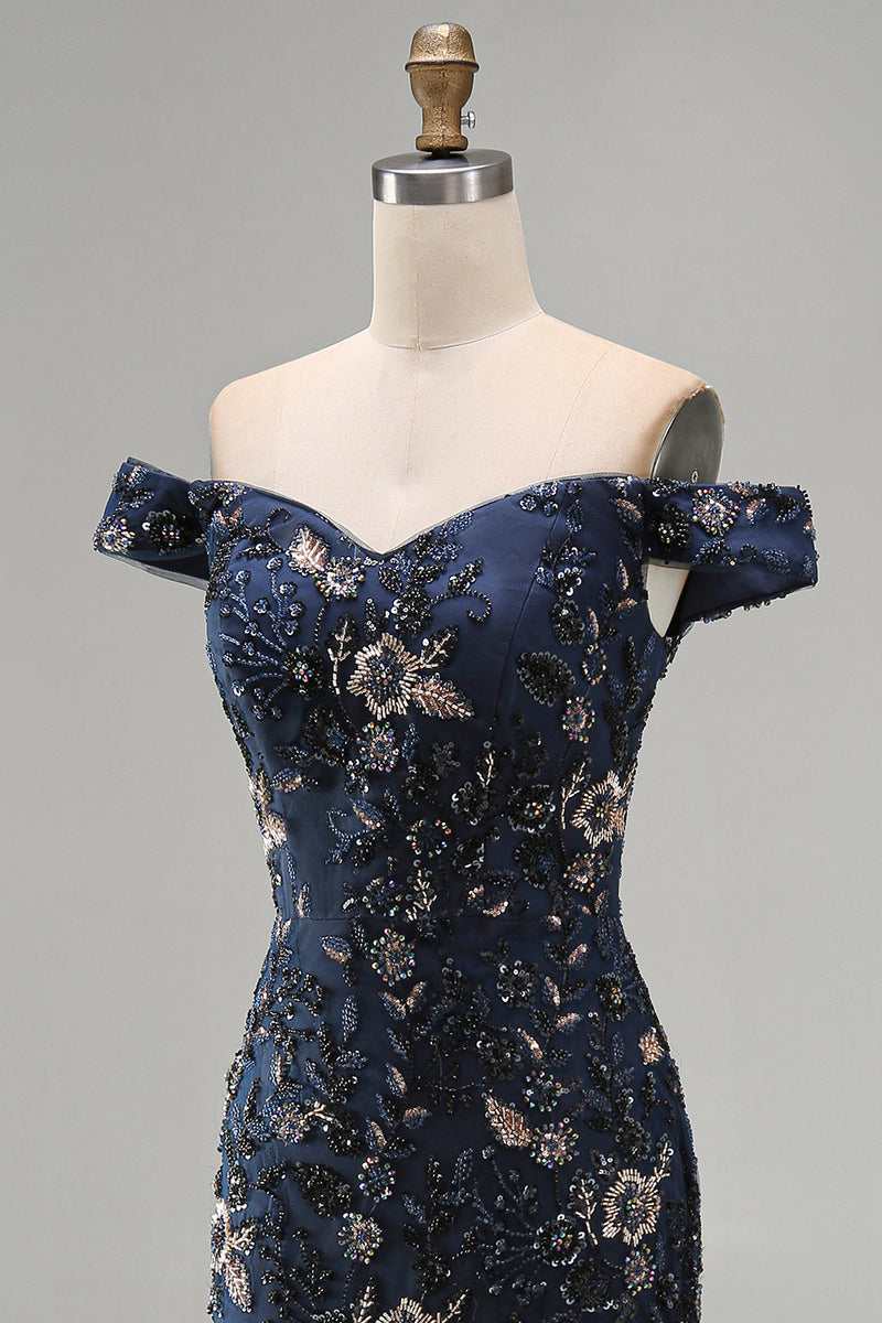Load image into Gallery viewer, Sparkly Navy Floral Lace Mermaid Long Evening Dress