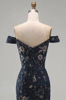 Load image into Gallery viewer, Sparkly Navy Floral Lace Mermaid Long Evening Dress