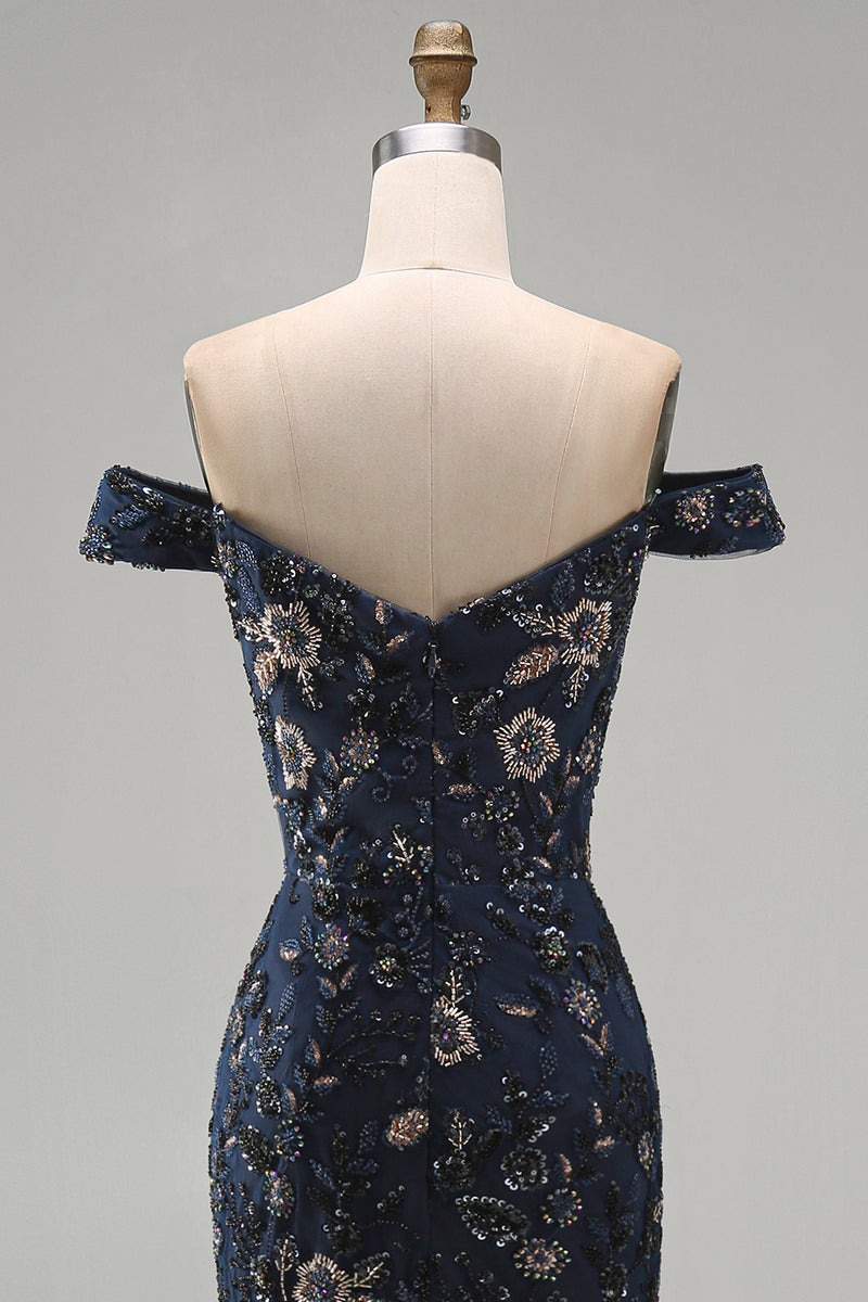 Load image into Gallery viewer, Sparkly Navy Floral Lace Mermaid Long Evening Dress