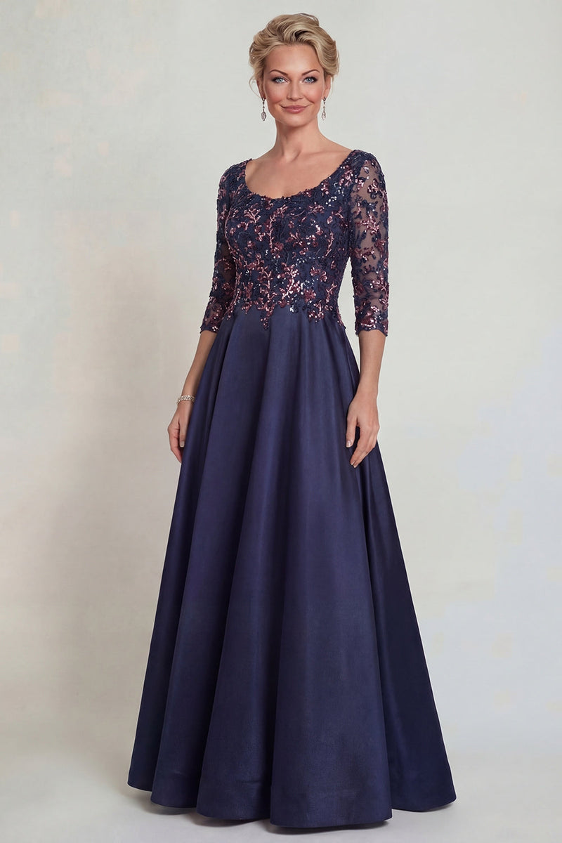 Load image into Gallery viewer, Sparkly Navy Scoop Neck A Line Long Evening Dress with Lace